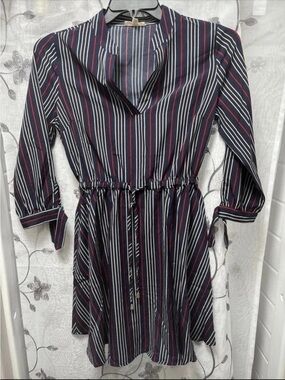 Main Strip Navy, White and Burgundy Striped V-Neck Waist-Tie Dress